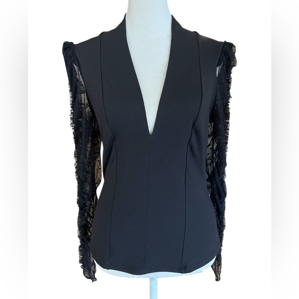 FREE PEOPLE Intimately S Black Stretch Top w Polka Dot Lace Ruffle Long Sleeves